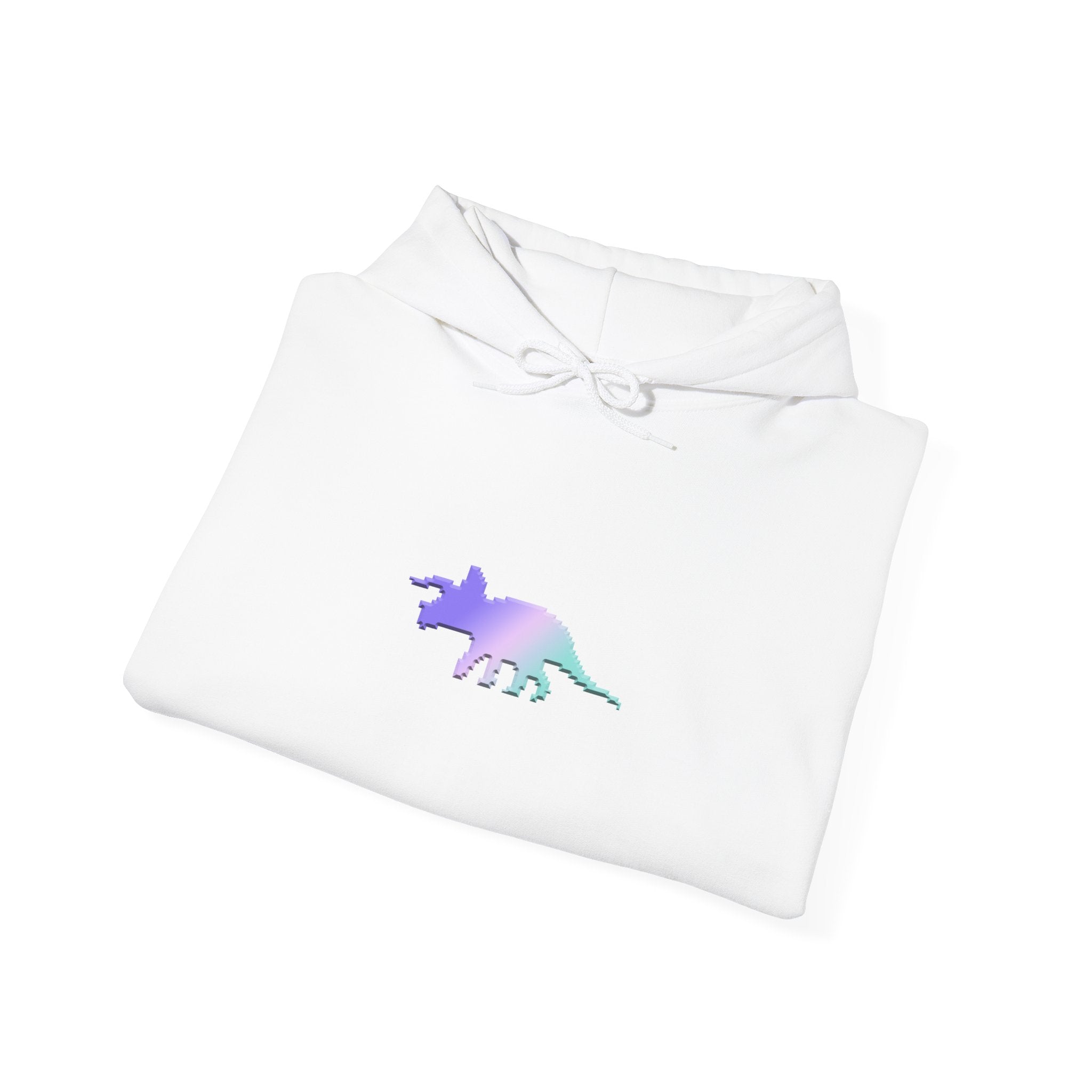 White shirt with a colorful pixelated dinosaur design on a white background