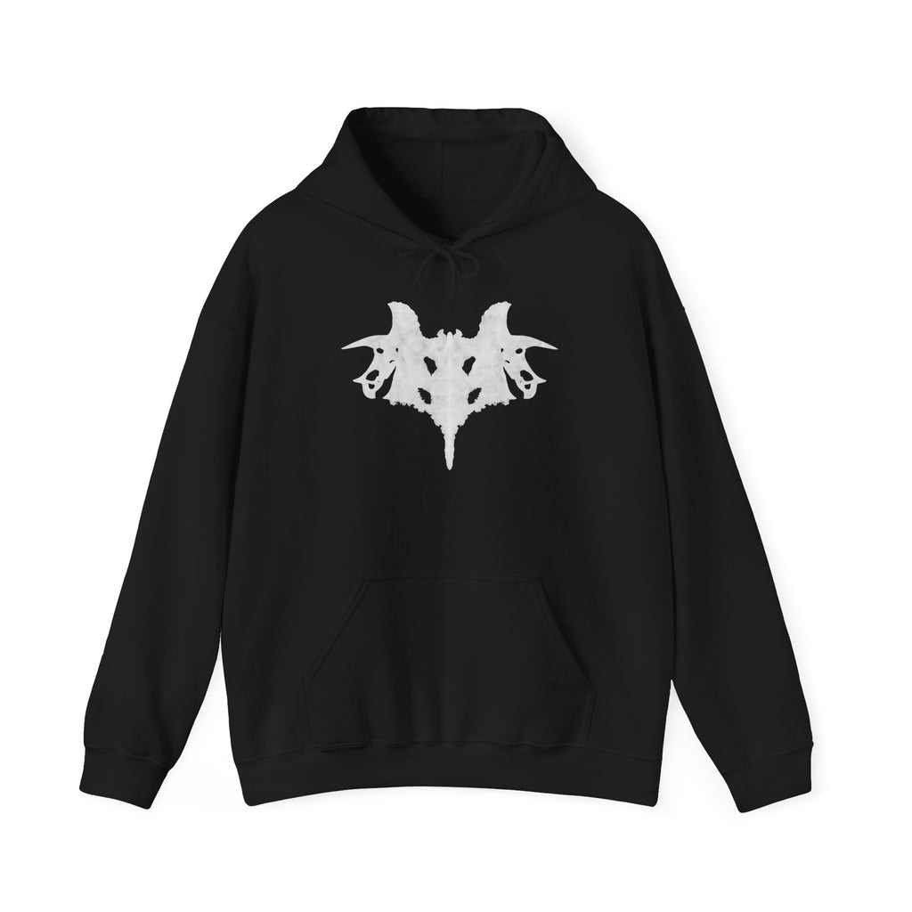 Black hoodie with a white graphic design on a white background