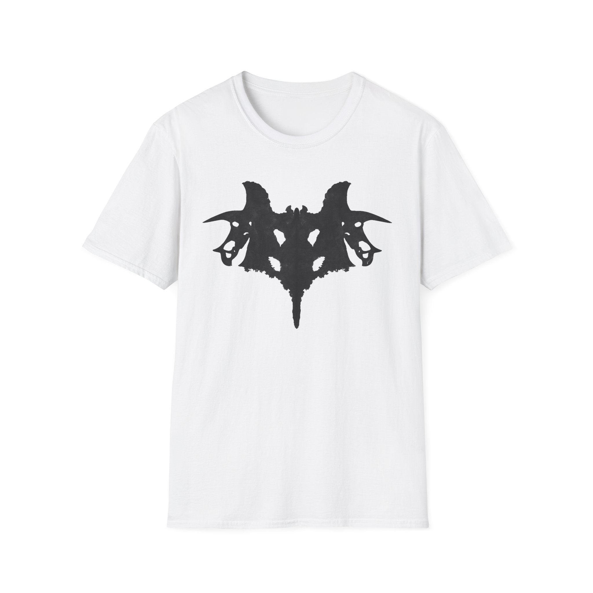 White t-shirt with black abstract design on a white background