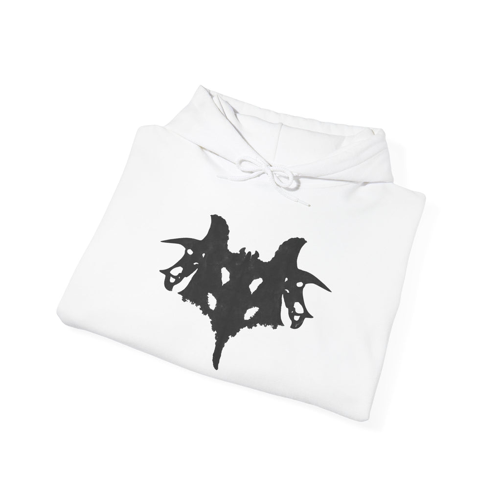 White hoodie with black graphic design on a white background