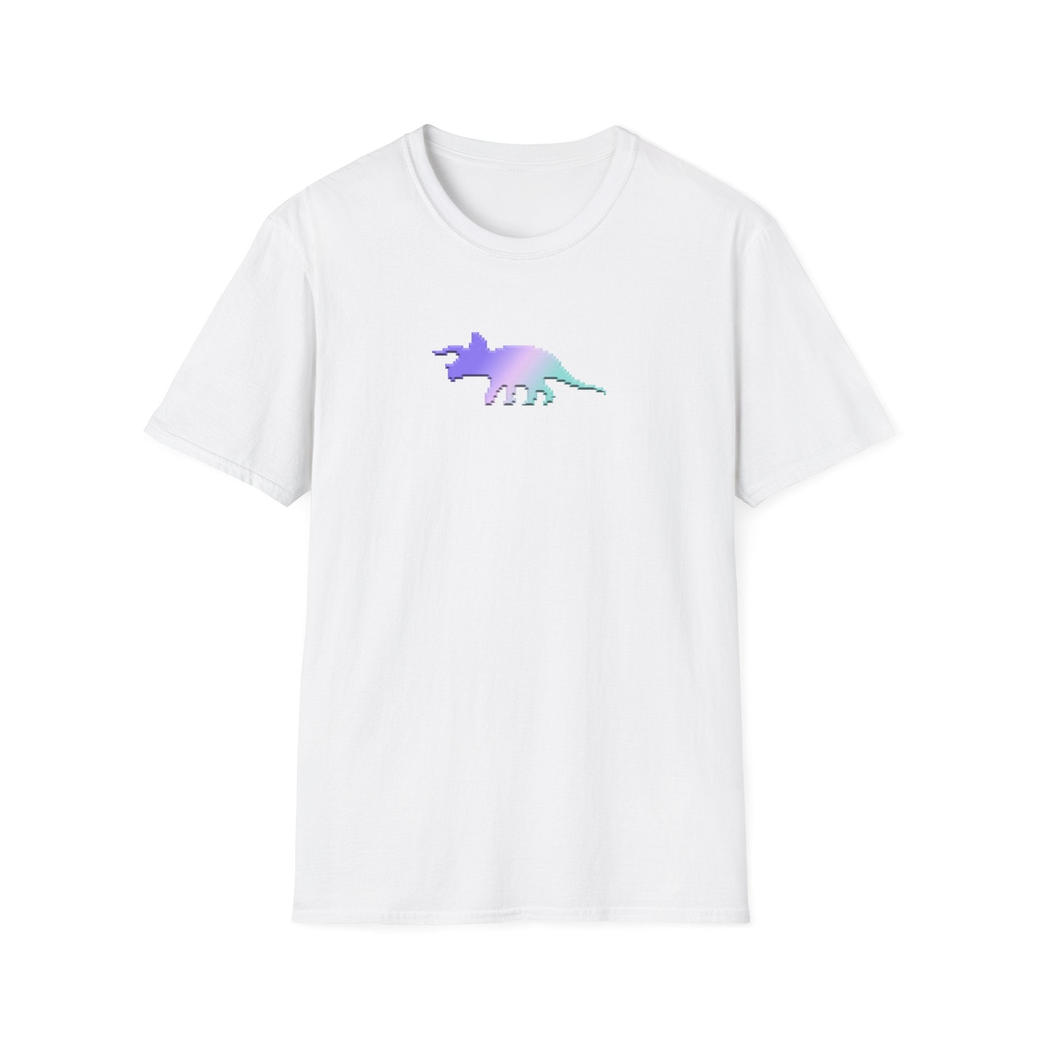 White t-shirt with a colorful pixelated dinosaur graphic on a white background