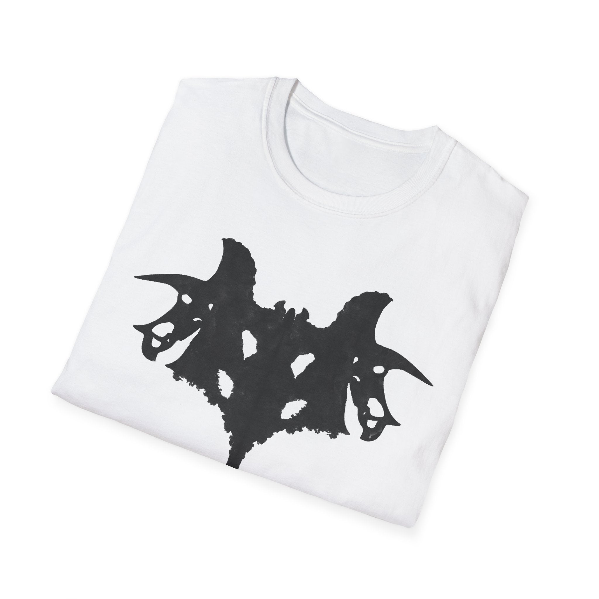 White t-shirt with a black dinosaur graphic on a white background