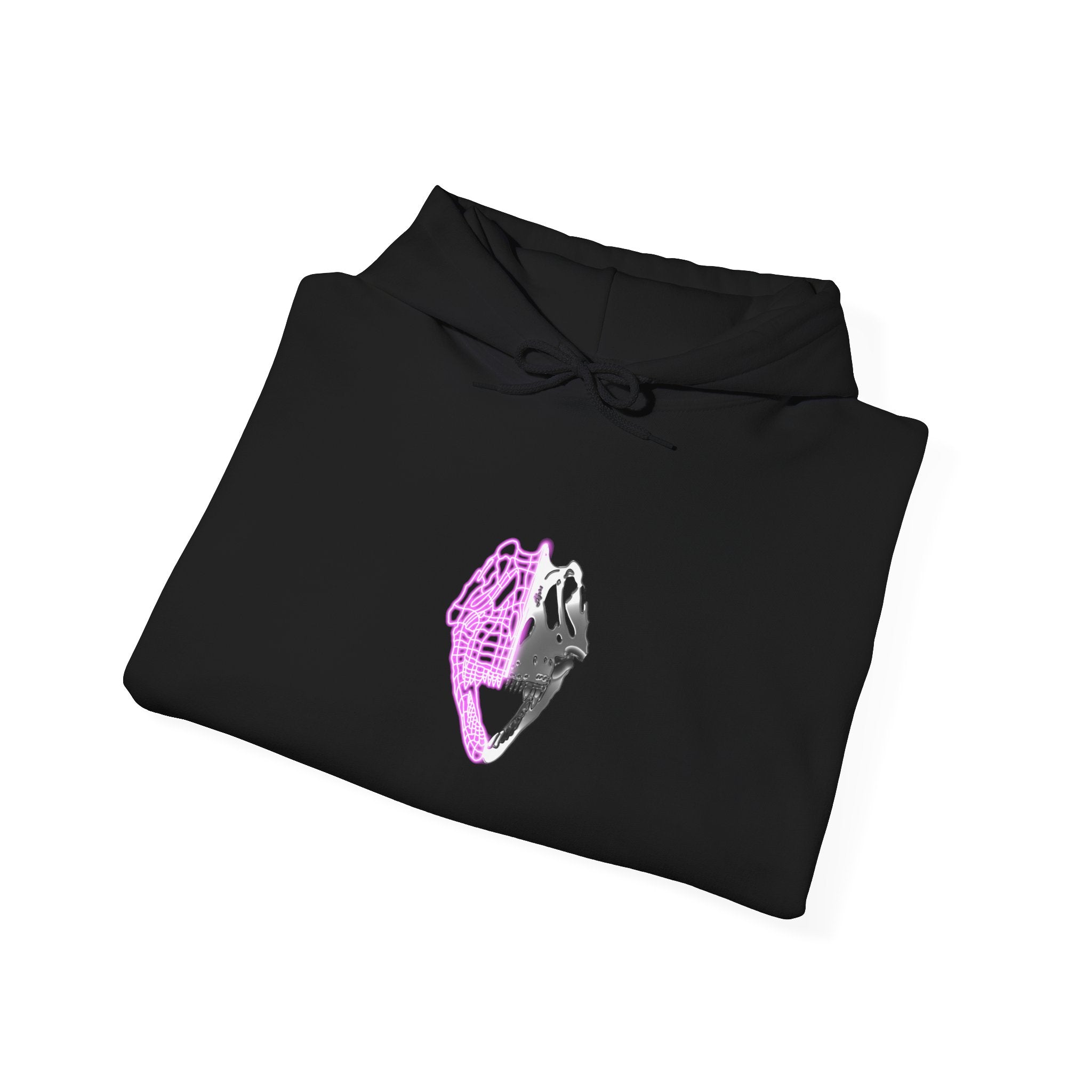 Folded black hoodie with a pink and white graphic on a white background