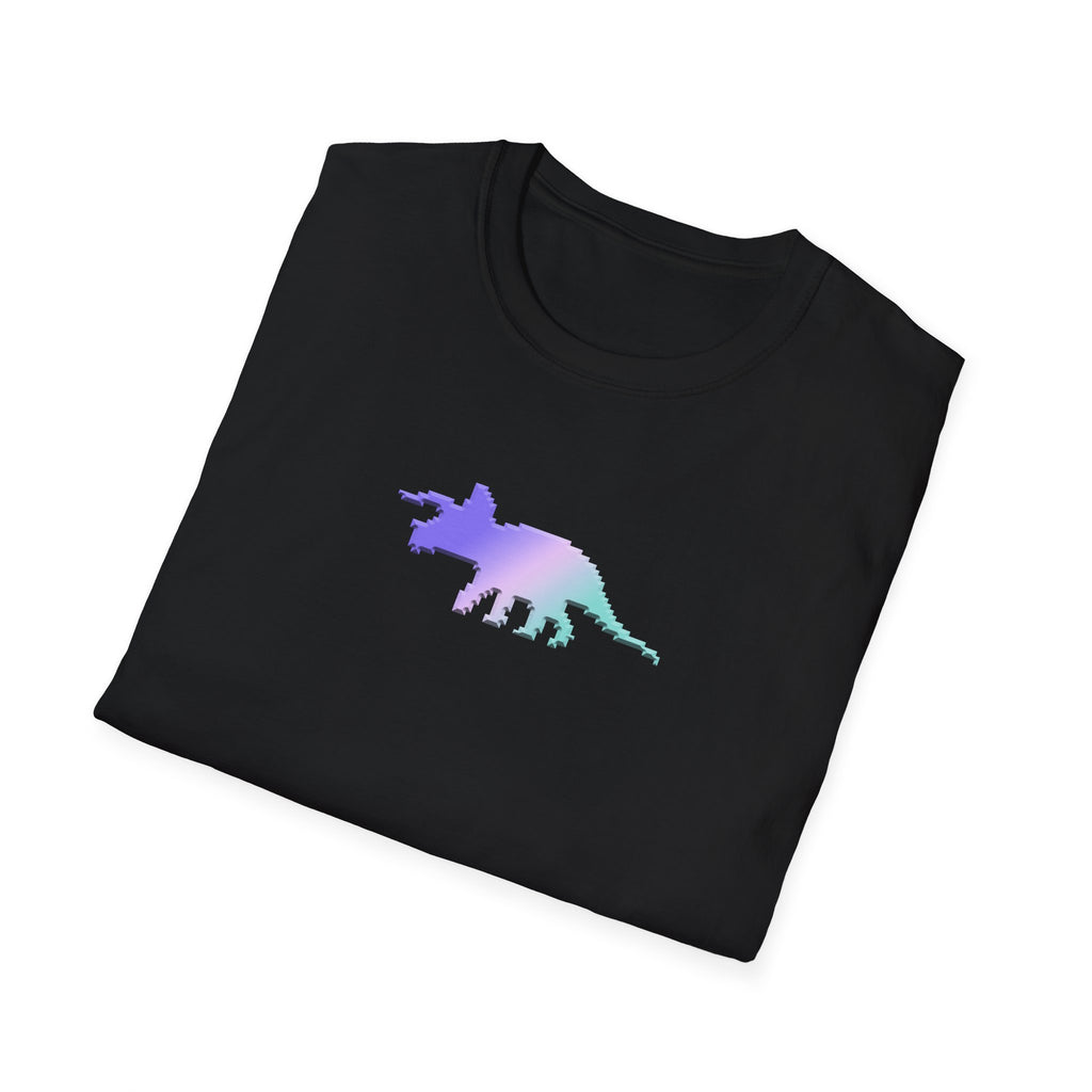 Folded black t-shirt with a colorful pixelated dinosaur design on a white background