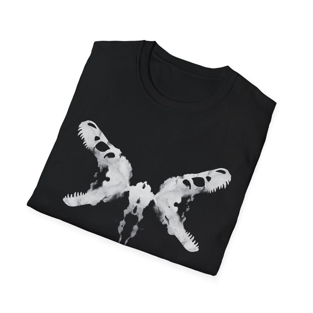 A folded black crew neck t-shirt with a white dinosaur skull Rorschach inkblot design.