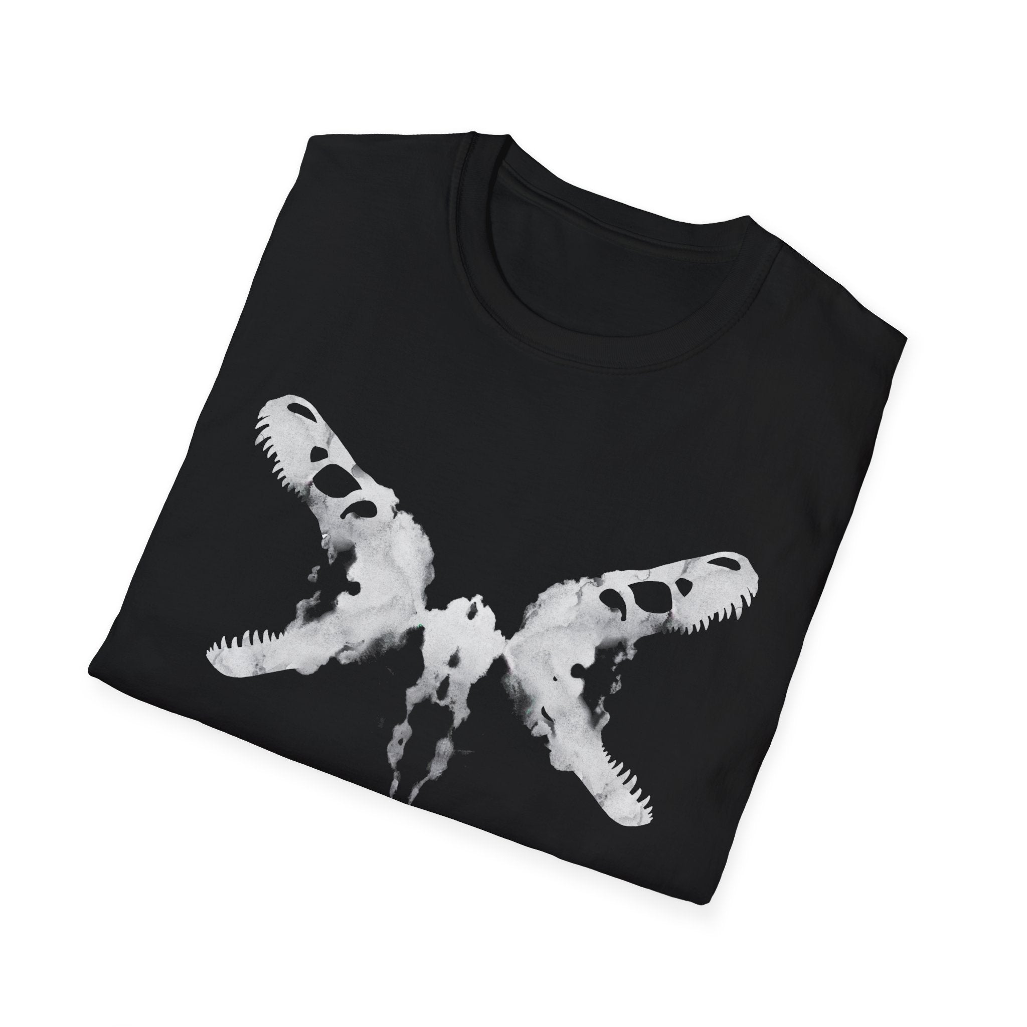 A folded black crew neck t-shirt with a white dinosaur skull Rorschach inkblot design.