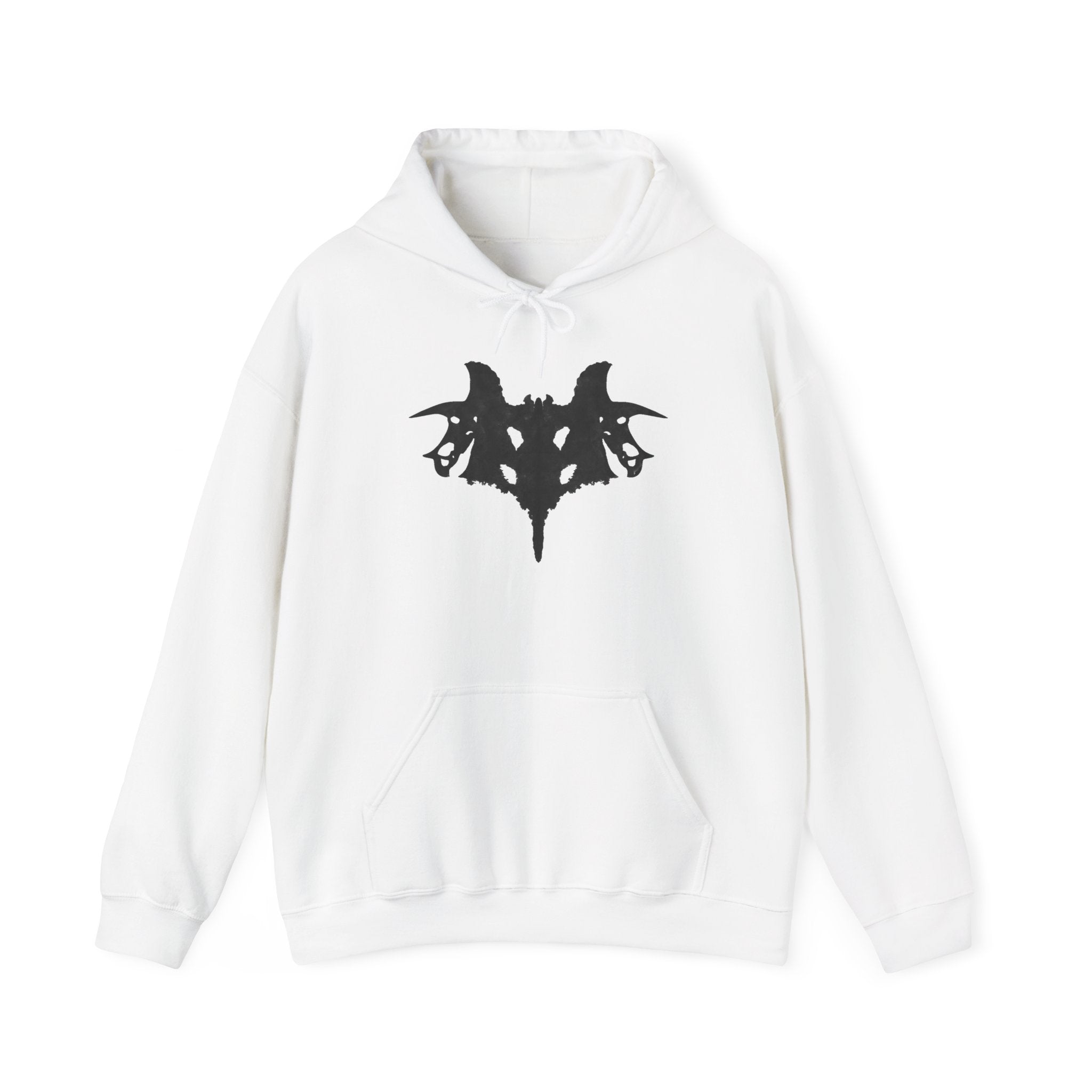 White hoodie with black graphic design on a white background