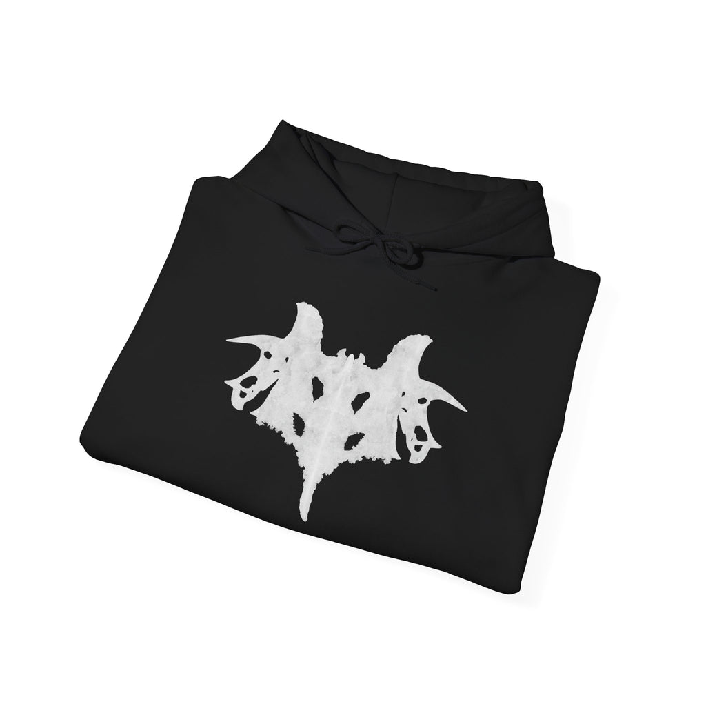Black hoodie with a white abstract design on a white background