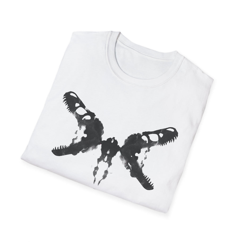 A folded white crew neck t-shirt with a black dinosaur skull Rorschach inkblot design.