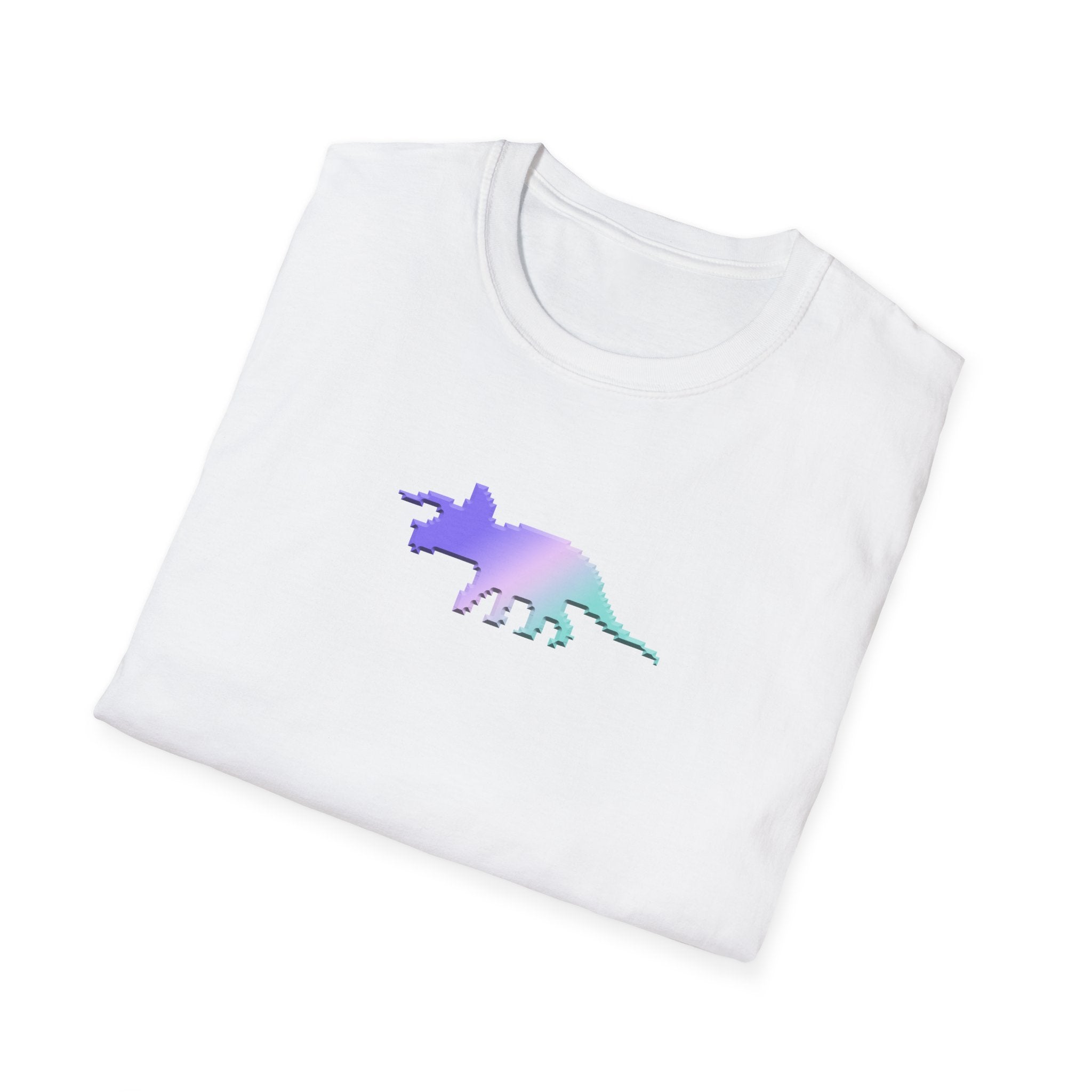 White t-shirt with a colorful pixelated dinosaur design on a white background