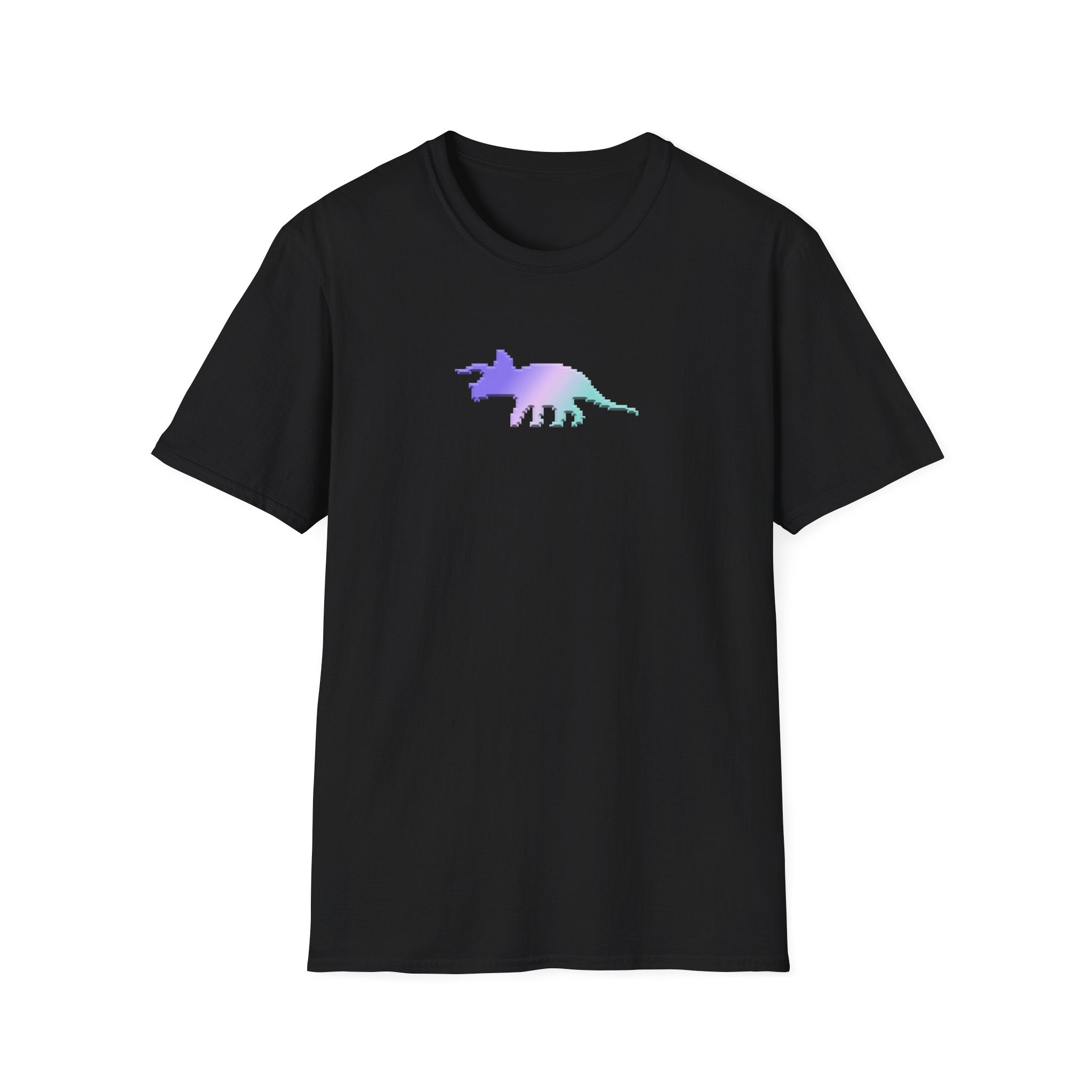 Black t-shirt with a colorful pixelated dinosaur graphic on a white background