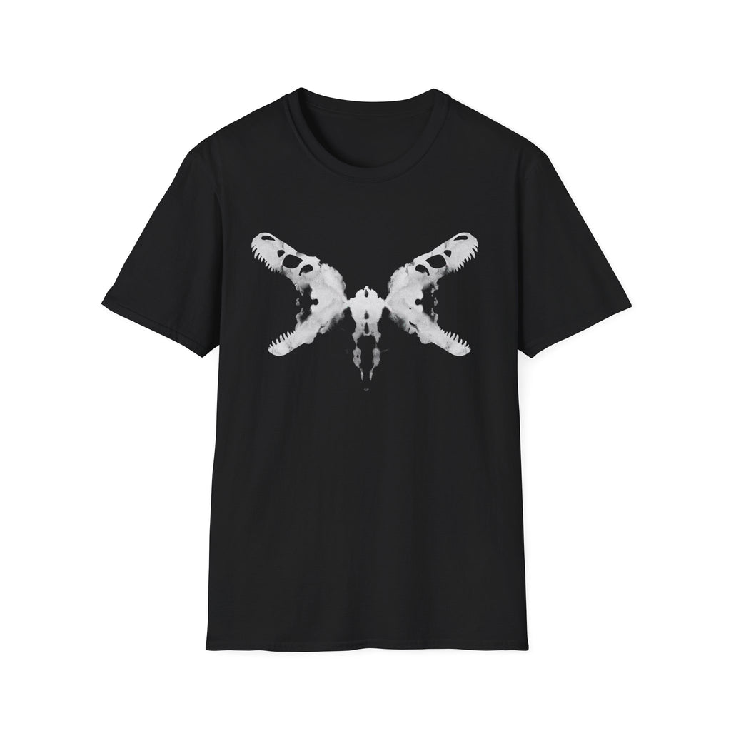 A black crew neck t-shirt with a white dinosaur skull Rorschach inkblot design.