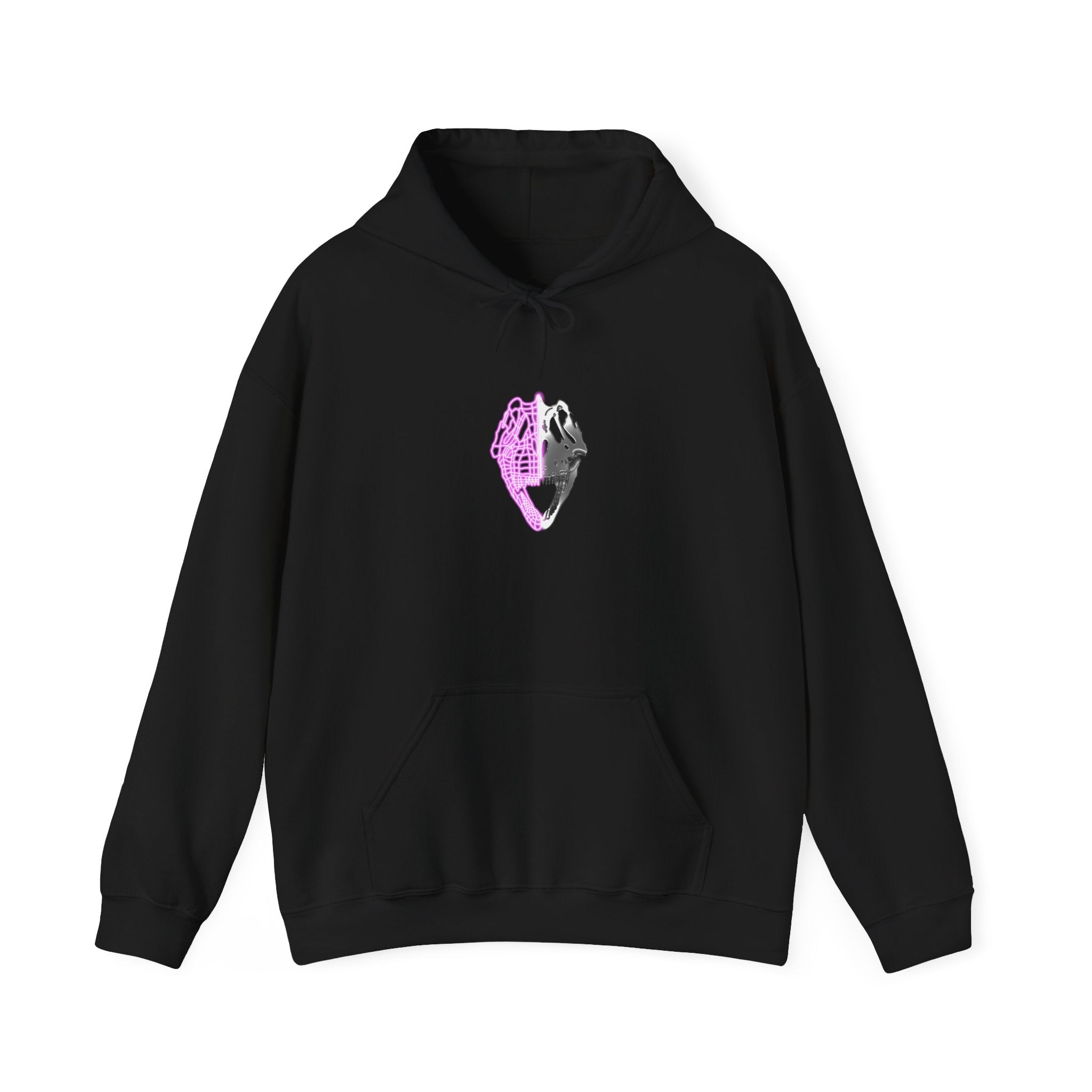 Black hoodie with a unique design on a white background