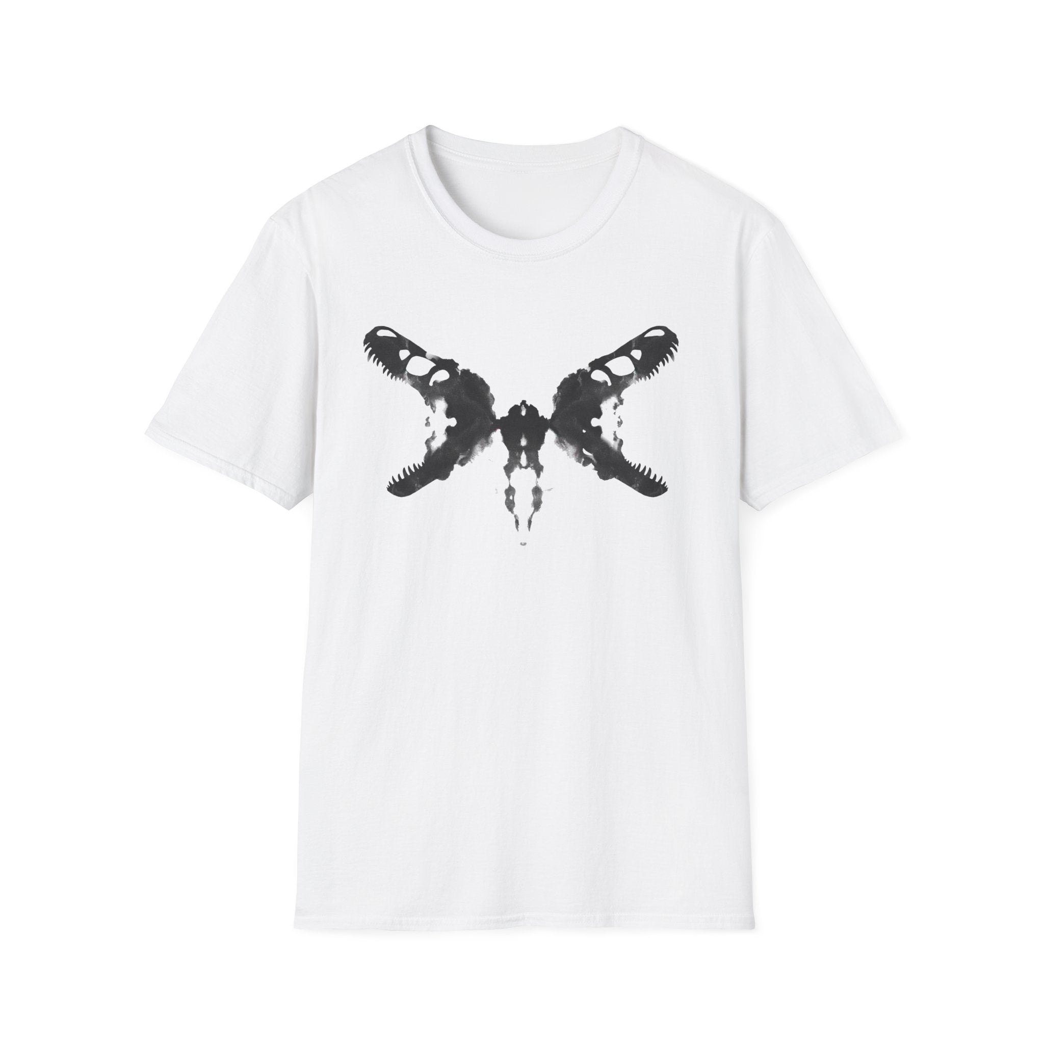 a white crew neck t-shirt with a black dinosaur skull Rorschach inkblot design.
